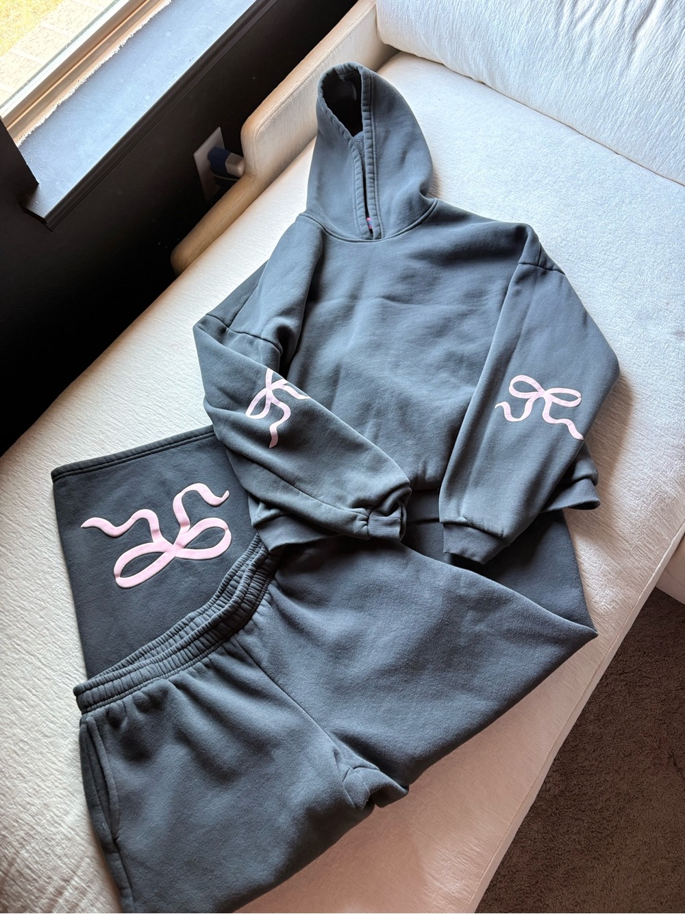 Edikted Charcoal Hoodie & Sweatpants Set with Pink Ribbon Motifs
